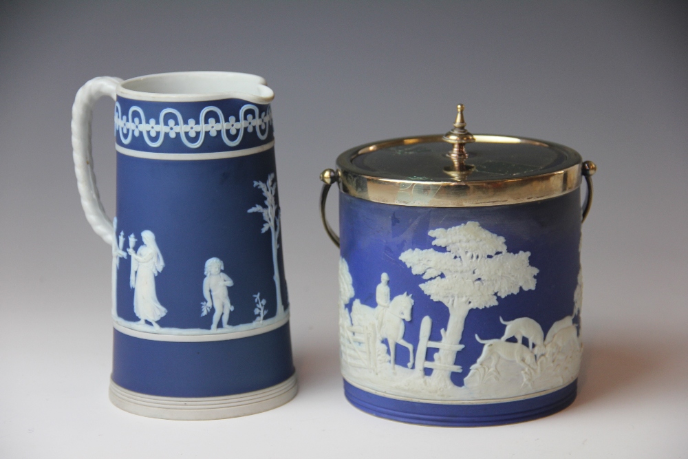 A 19th century Wedgwood blue Jasperware biscuit barrel and silver plate cover,