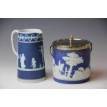 A 19th century Wedgwood blue Jasperware biscuit barrel and silver plate cover,