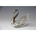 A continental silver and cut glass sweet meat dish, modelled as a swan,