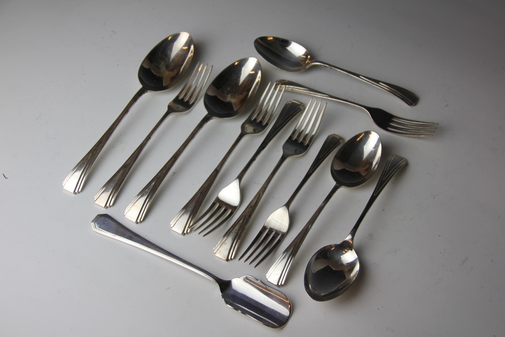 A collection of silver plate flatware, to include a part suite of Art Deco cutlery,