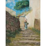 OLIO su tavola "strada di Capri con personaggi". XX secolo Misure: cm 29 x 35