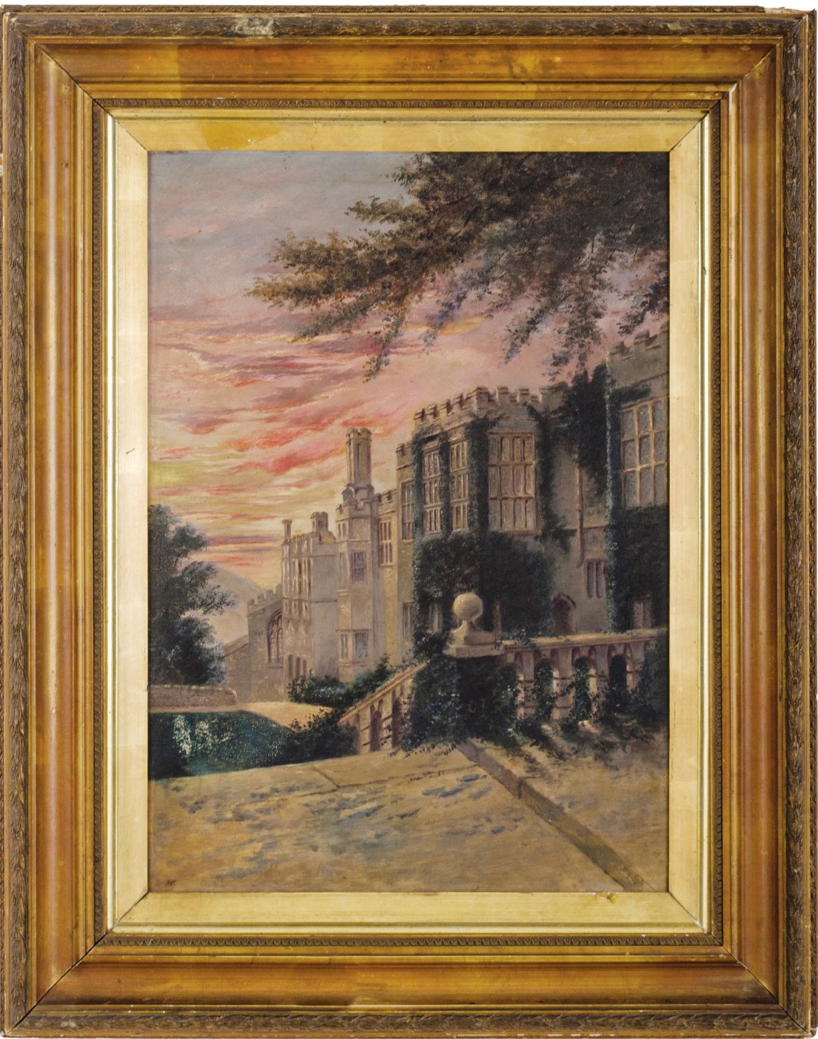 OLIO su tela "castello con scalinata". Inghilterra primi '900 Misure: cm 35 x 51