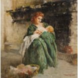 FRANCESCO LONGO MANCINI (Catania 1880 - Roma 1954) OLIO su tela "focolare domestico con figura