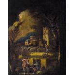 OLIO su tela "paesaggio con castello, personaggi ed armenti". Italia XVIII secolo Misure: cm 48 x