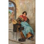 EDWARDO SCOGNAMIGLIO OLIO su tela "figura femminile in cortile". XIX secolo Misure: cm 32 x 51