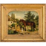 OLIO su tela "paesaggio con cavallo, cane e gatto". Inghilterra fine '800 Misure: cm 37 x 28