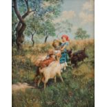 OLIO su tela "scena campestre con personaggio e pecorelle". XX secolo Misure: cm 40 x 51