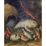 ERMOGENE MIRAGLIA (Napoli 1907 - Napoli 1964) OLIO su tela "natura morta con pesci".  Misure: cm