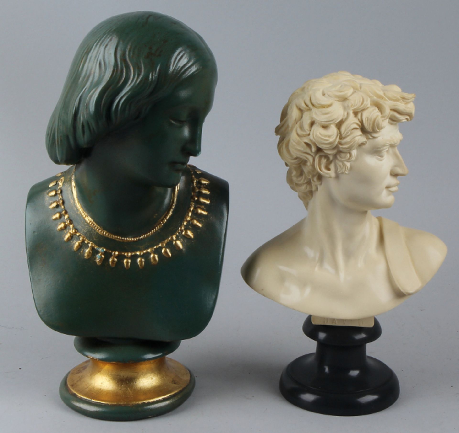 Two old busts: 1x ladies bust (paridur) and 1x bust of David, signed G. Ruggeri (both from a type of