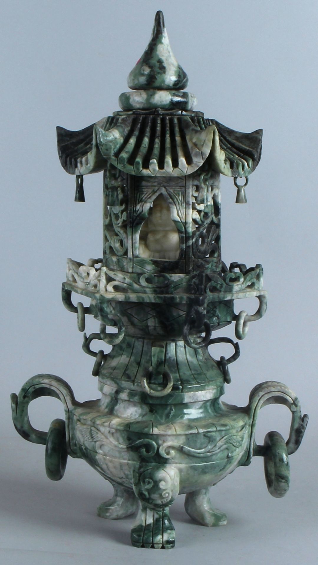 Two-piece ancient Chinese jade pagoda with signs and floral decoration 20th century in good