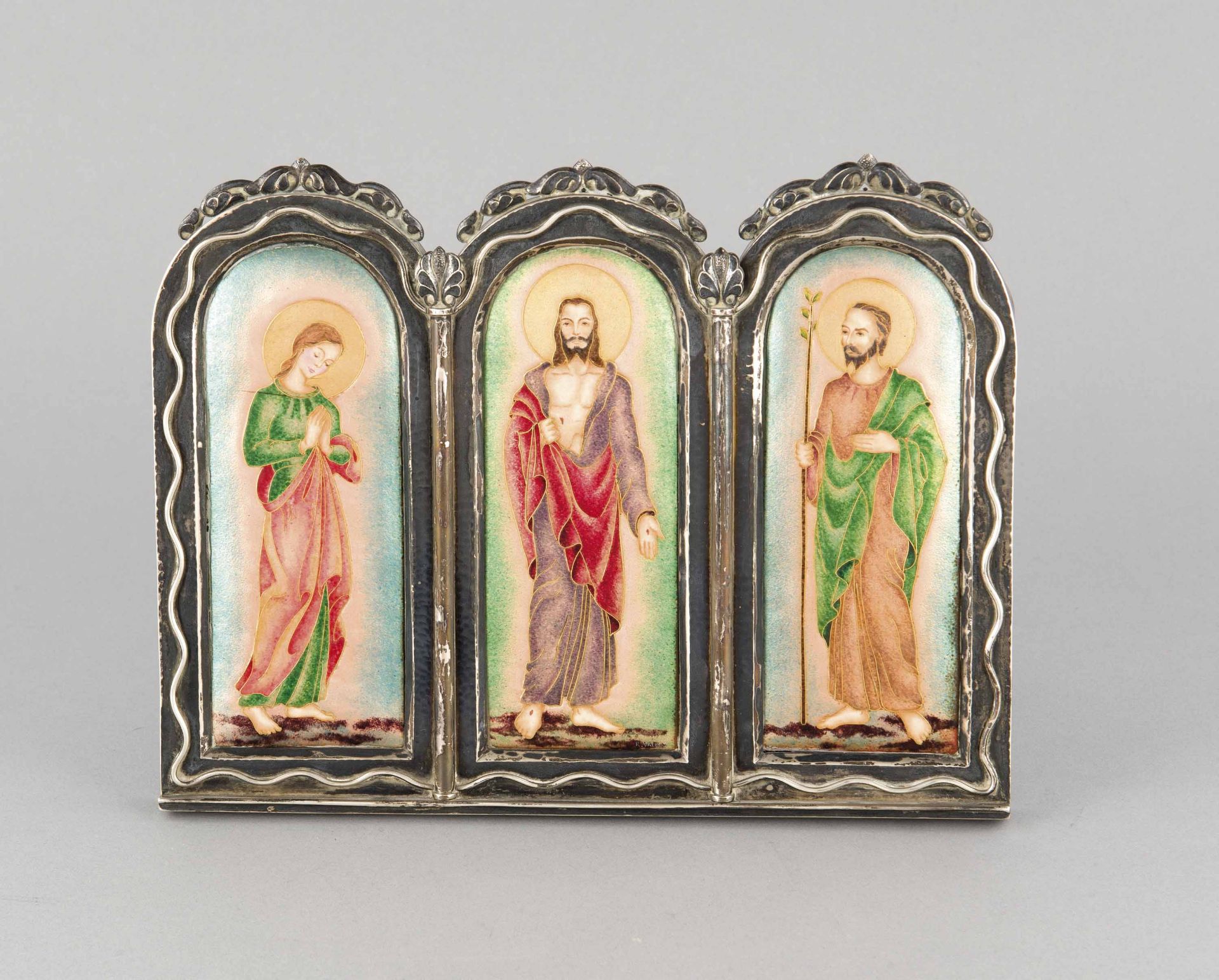 Icons in triptych, encased in silver 835/000 frame. The icons are enamelled on wooden rear.