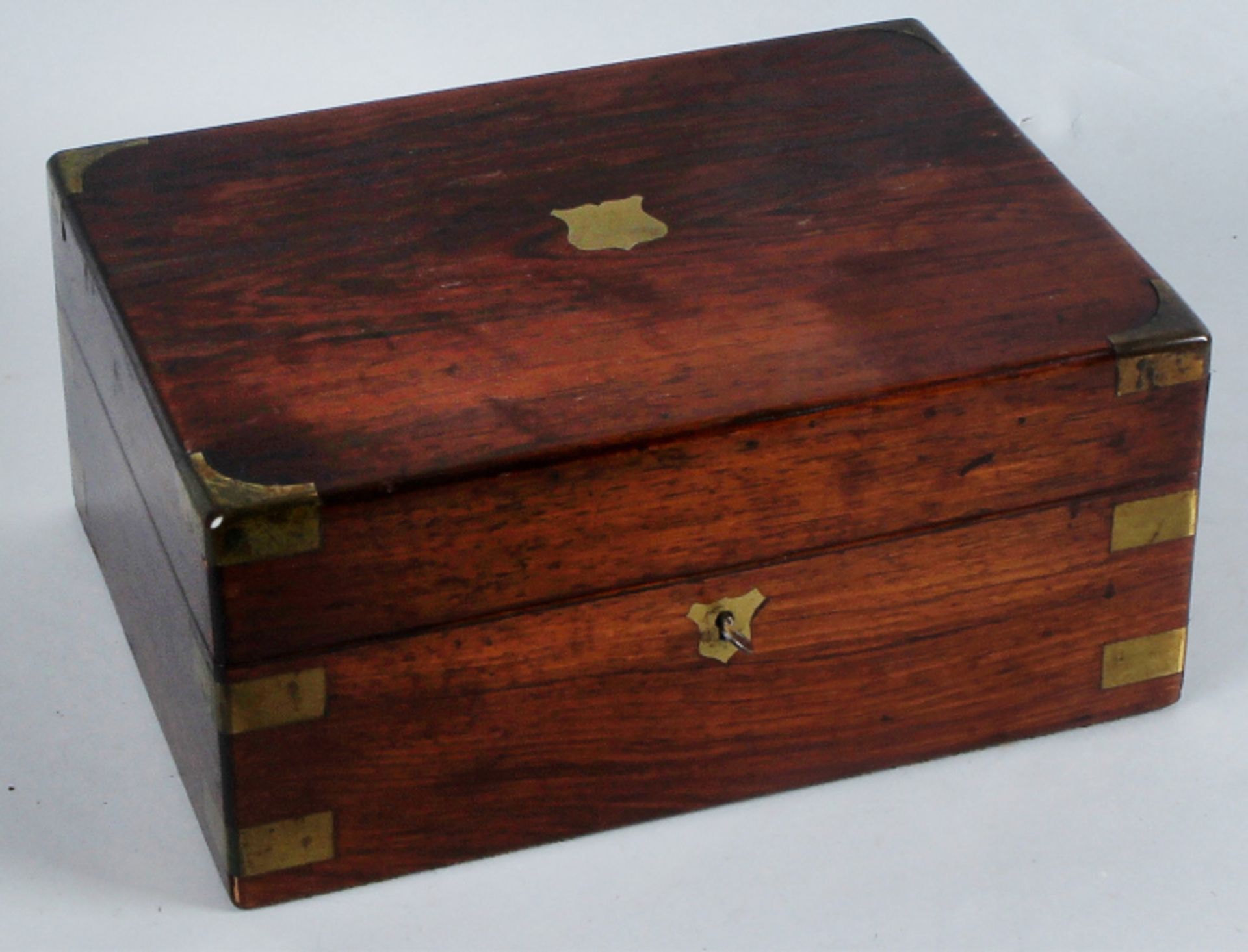 English writing chest 19th century with dividers and a writing surface. Brass corner pieces (