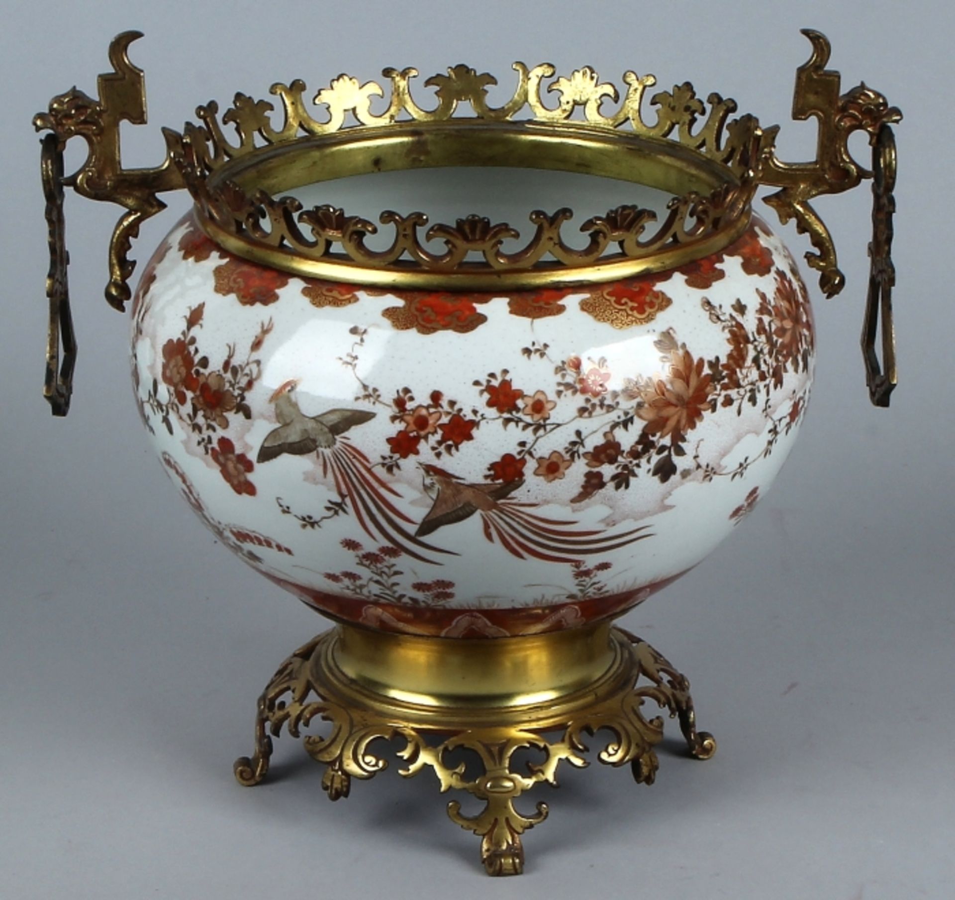 Satsuma porcelain cachepot with bronze mounts and scenery of flora and gold, in good original