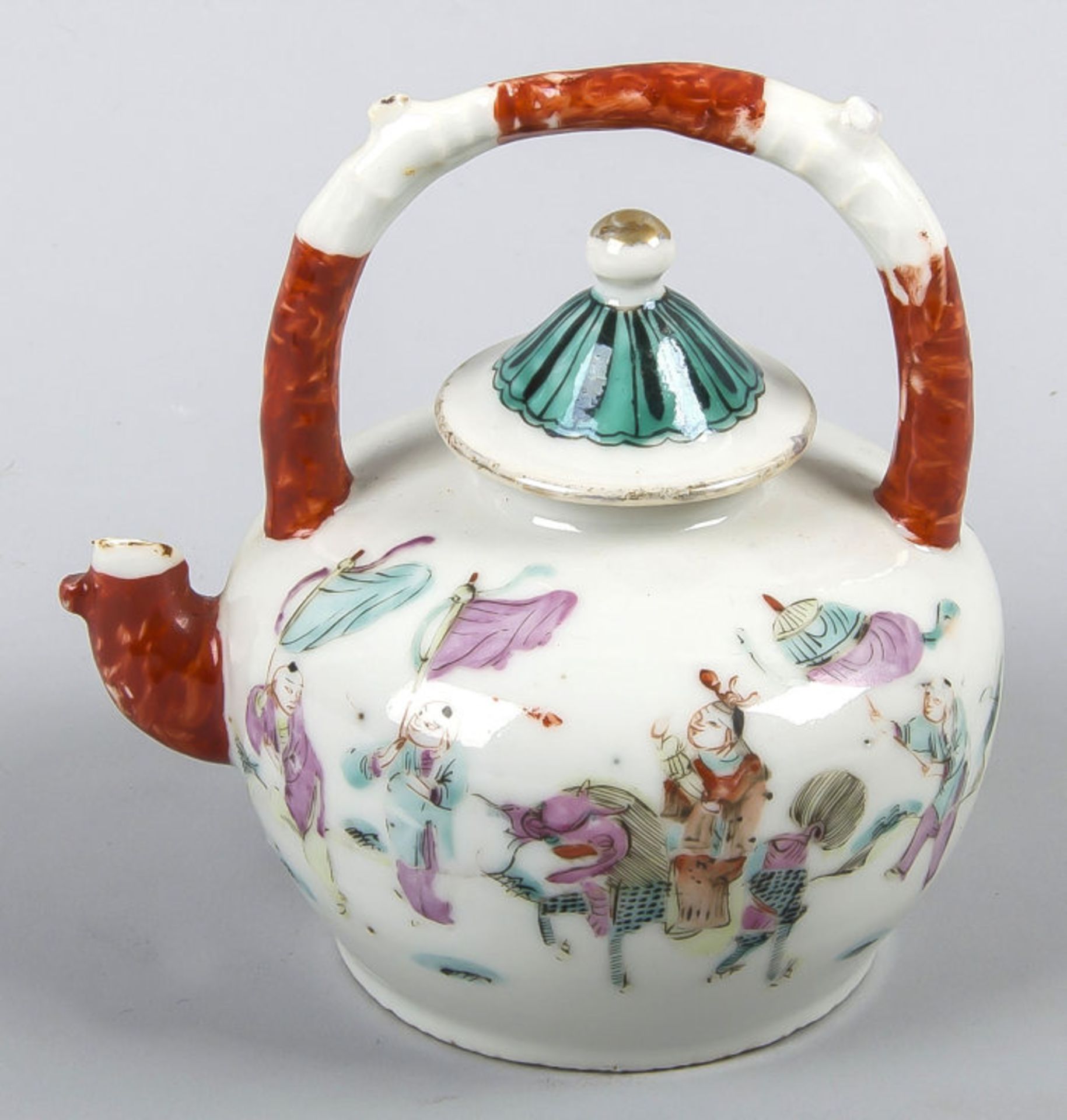 Chinese or Japanese porcelain teapot 19th century surrounded by figures decor. Spout chipped but