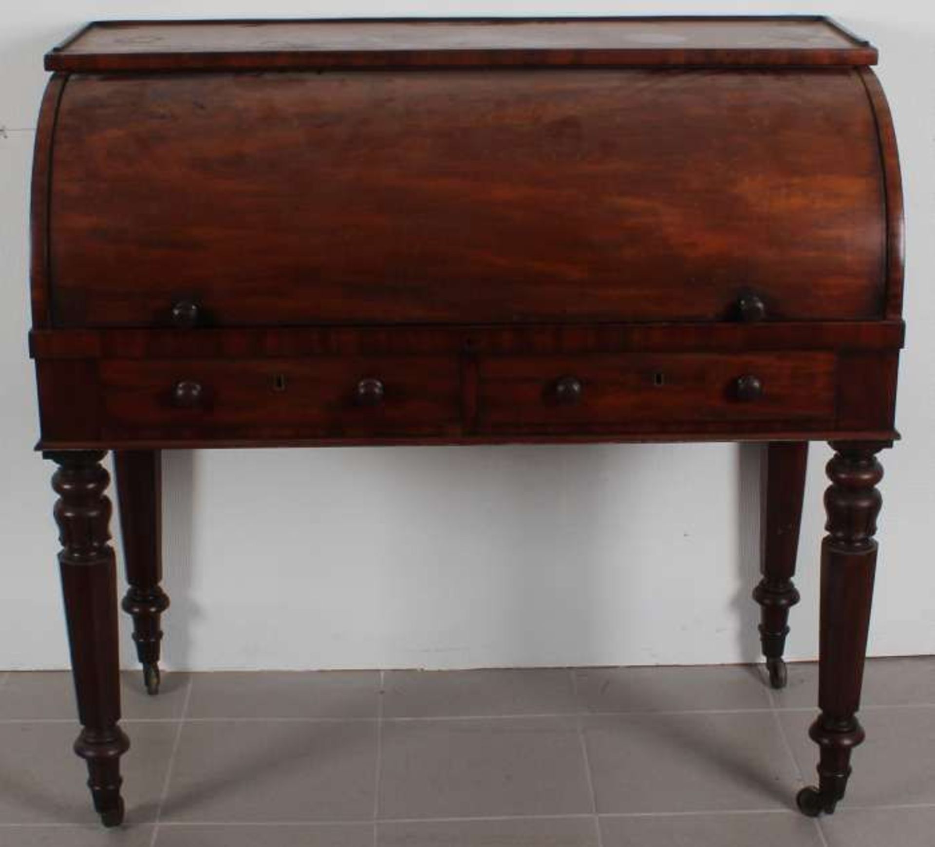 English mahogany veneer rolbureau with 6 drawers, roll and fold away writing tablet 1860 in very