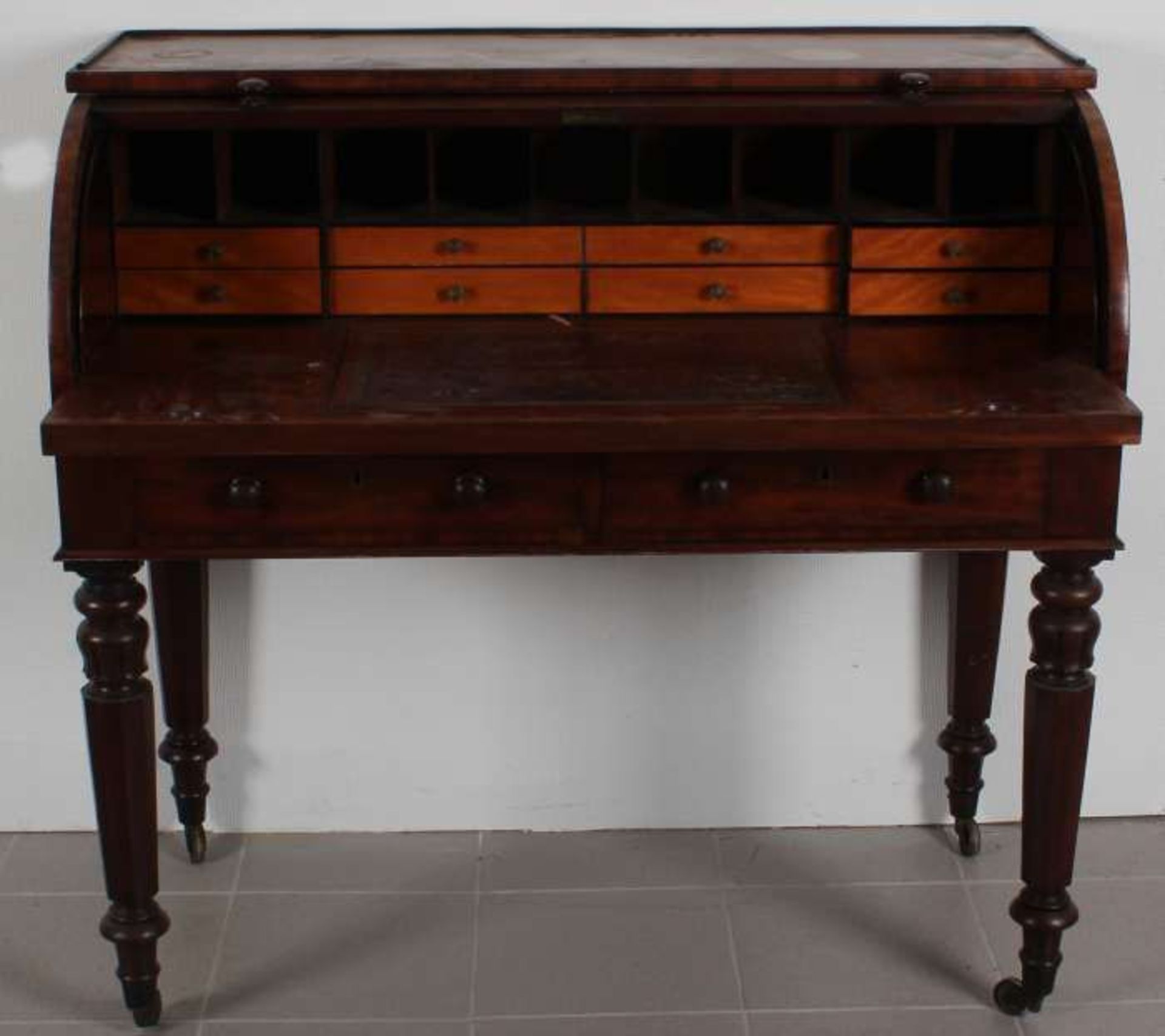 English mahogany veneer rolbureau with 6 drawers, roll and fold away writing tablet 1860 in very - Image 2 of 2