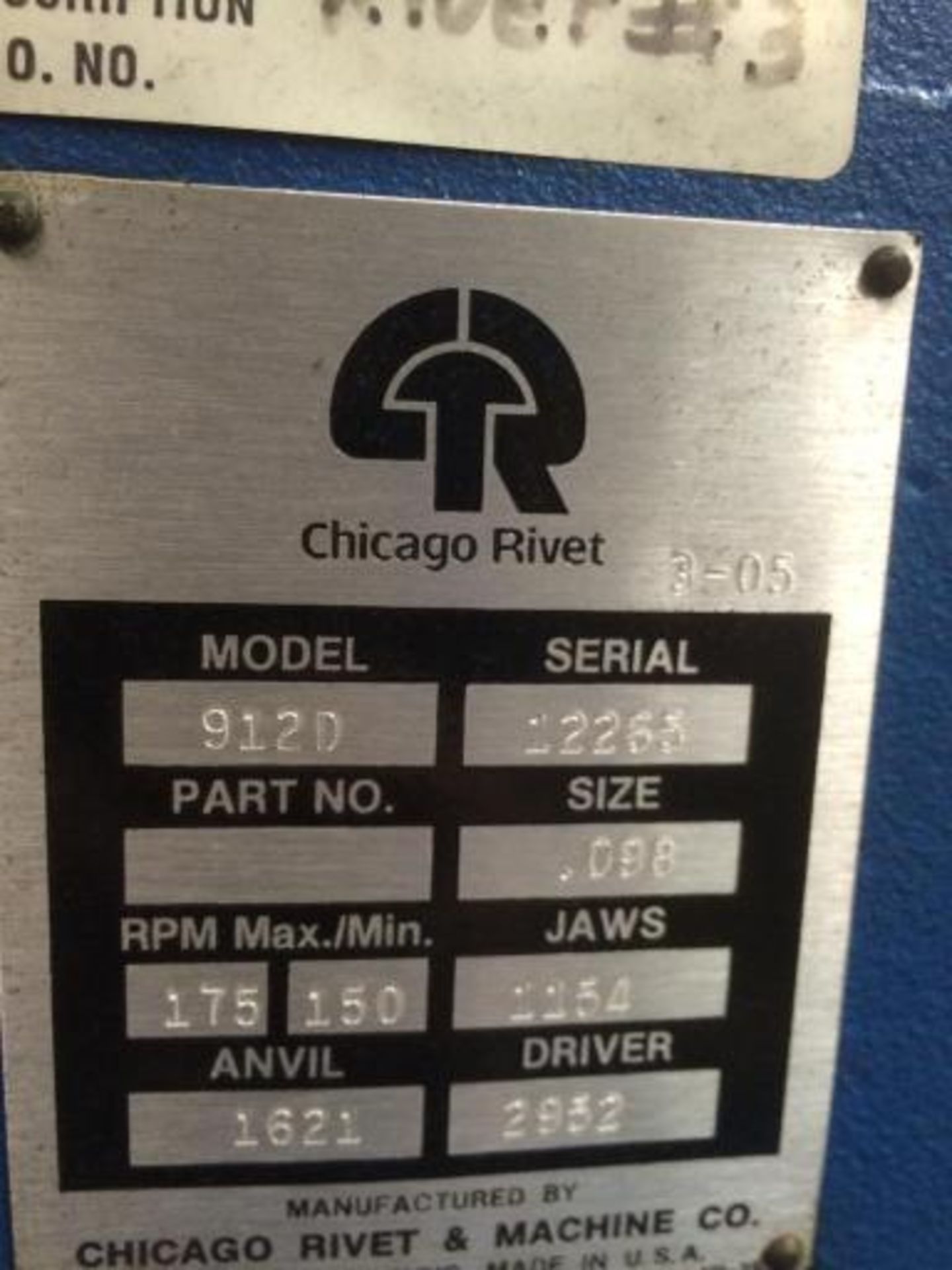 Manufacturer - Commercial / Industrial: Chicago Rivet Model: 912D Serial #: 12265 Condition: Good - Image 3 of 4