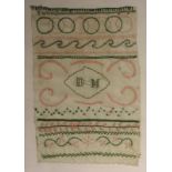 ECOLE FRANCAISE Vers 1900 Broderie en rose et vert sur toile monogrammée « DM » H : 22 cm L : 15