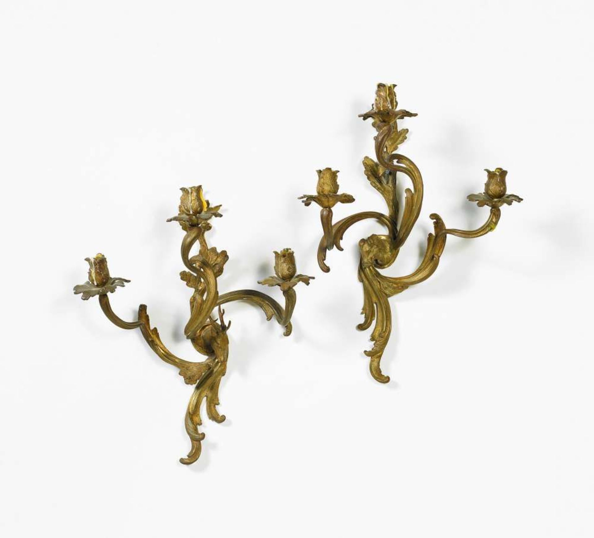 A PAIR OF LOUIS XV STYLE APPLIQUES  France   Bronze with remains of gilding. Three branches with