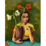 HOFER, KARL 1878 Karlsruhe - 1955 Berlin  Girl with Amaryllis. Ca. 1936. Oil on cardboard. 91 x