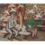 HUBBUCH, KARLKarlsruhe 1891 - 1979Men and Dove. Oil on plywood. 65 x 78cm. Estate stamp lower