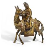 CENSER IN THE SHAPE OF THE POET DU FU RIDING ON A MULE. BRONZE WITH ORIGINAL PAINTING. China. Late