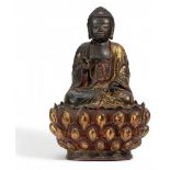 AMITABHA BUDDHA ON HIGH LOTUS BASE. BRONZE. Ming Dynasty (1368-1644).Bronze with residue of black