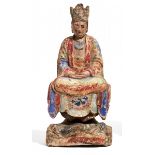 CROWNED BODHITATTVA. WOOD.China. Qing Dynasty, ca. 18th century.Wood with coloring. Sitting in