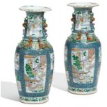 PAIR OF VASES WITH FAMILY LIFE SCENES. PORCELAIN FAMILLE VERTE WITH GOLD.Qing Dynasty, ca. 19th