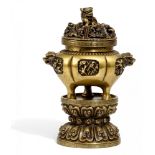 ELEGANT CENSER ON HIGH BASE. BRONZE. Qing Dynasty, Qianlong period or later, 18th century.Brass-