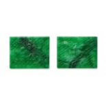 PAIR OF PANELS WITH DRAGON AND PHOENIX. JADE.China, Qing Dynasty.Emerald green jade with moss