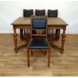 eiken tafel met 4 stoelen
vierkante eiken tafel op gedraaide poten en 4 art deco stoelen versierd