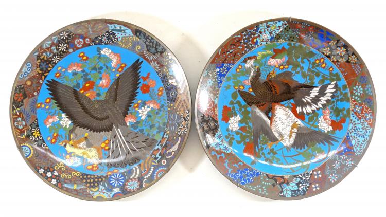 2 cloisonne borden
stel Japanse cloisonné borden met decor van vogels en bloemen, Meiji, eind 19e