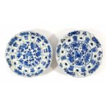 2 Kangxi schoteltjes
stel blauw/wit Chinees porseleinen bordjes met floraal decor, Kangxi, circa