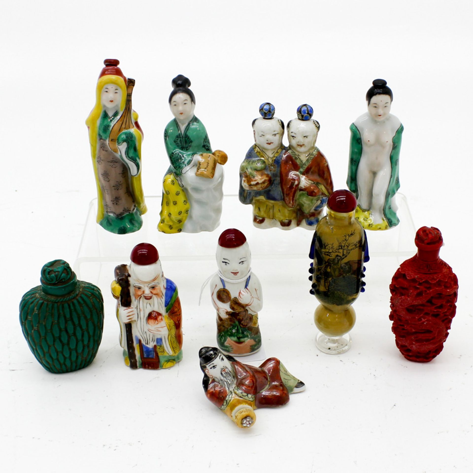 Diverse Lot of 10 Chinese Snuff Bottles Tallest is 10 cm.