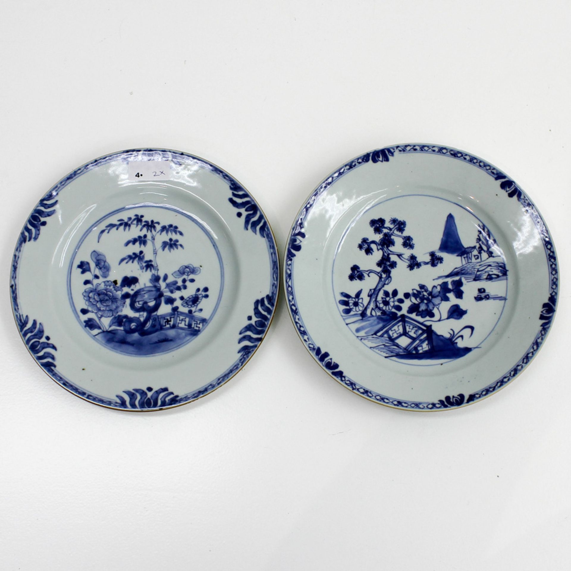 Lot of 2 18th Century China Porcelain Plates Blue and white Floral Decor, 1 with small hairline,