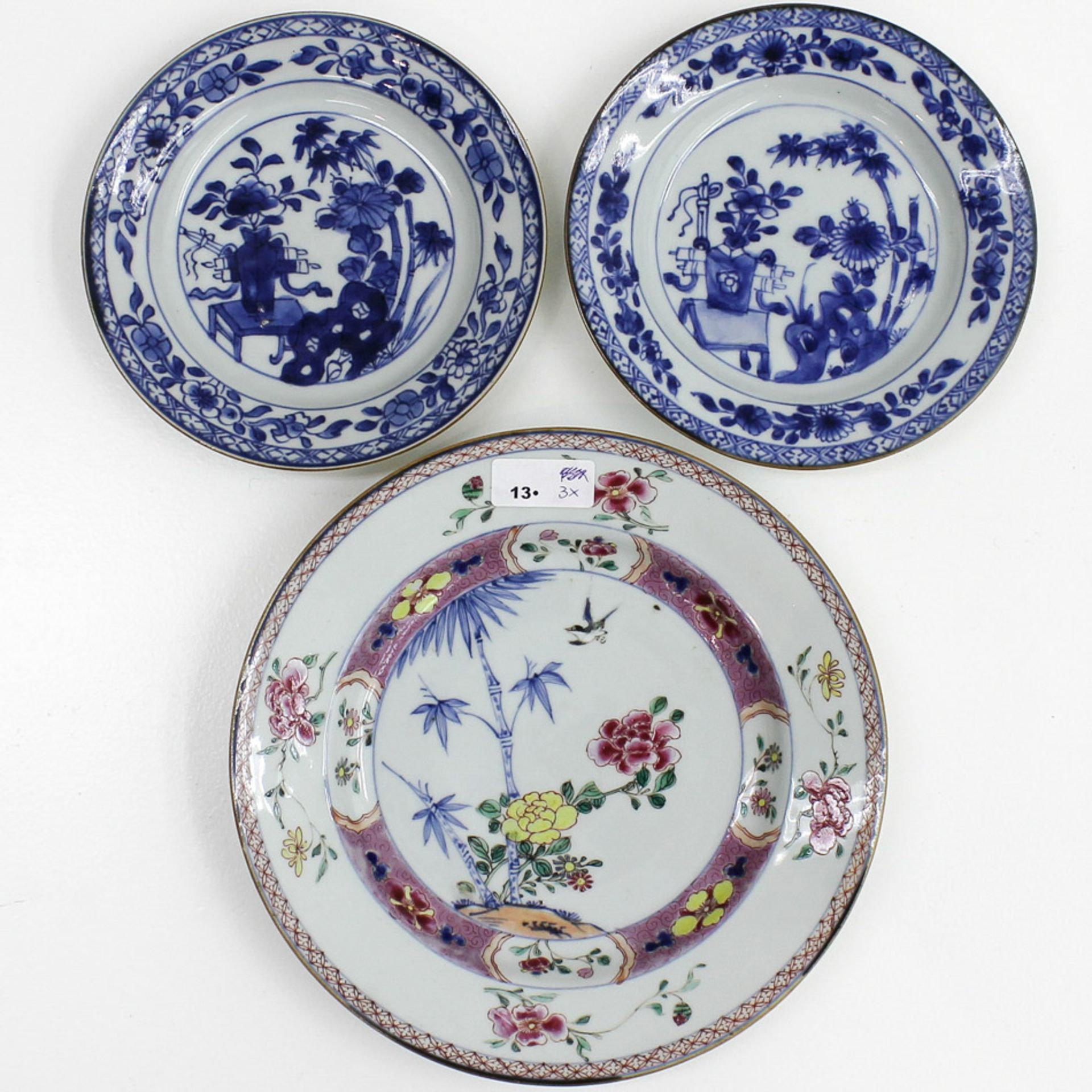 Lot of 3 China Porcelain Plates Including 1 Family Rose and 2 Blue and white decor, 1 small hairline