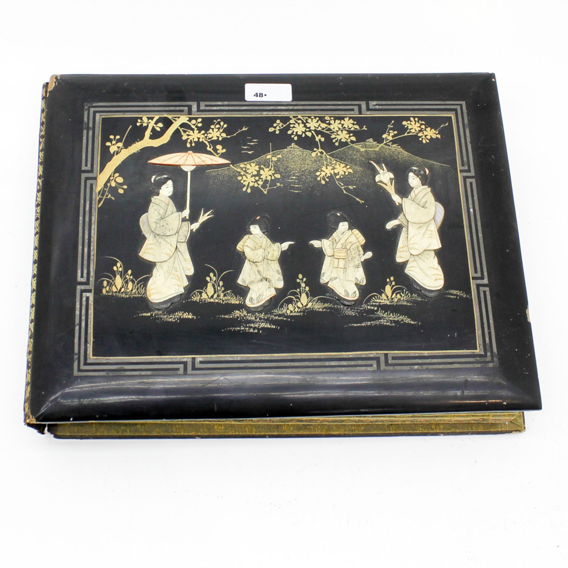 Chinese Lacquer Photo Album with Carved Bone Carved bone figures depicting Chinese ladies in garden,