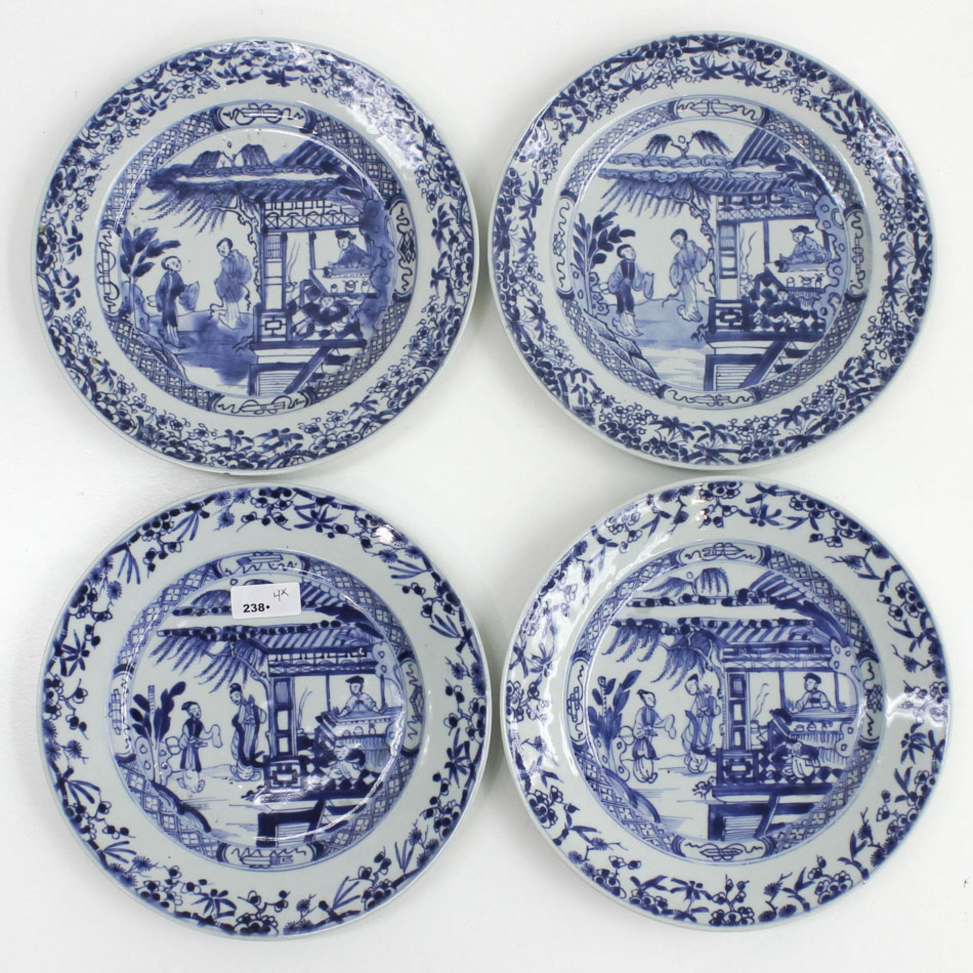 Lot of 4 18th Century Plates Blue and white decor depicting Chinese ladies in gardens with floral