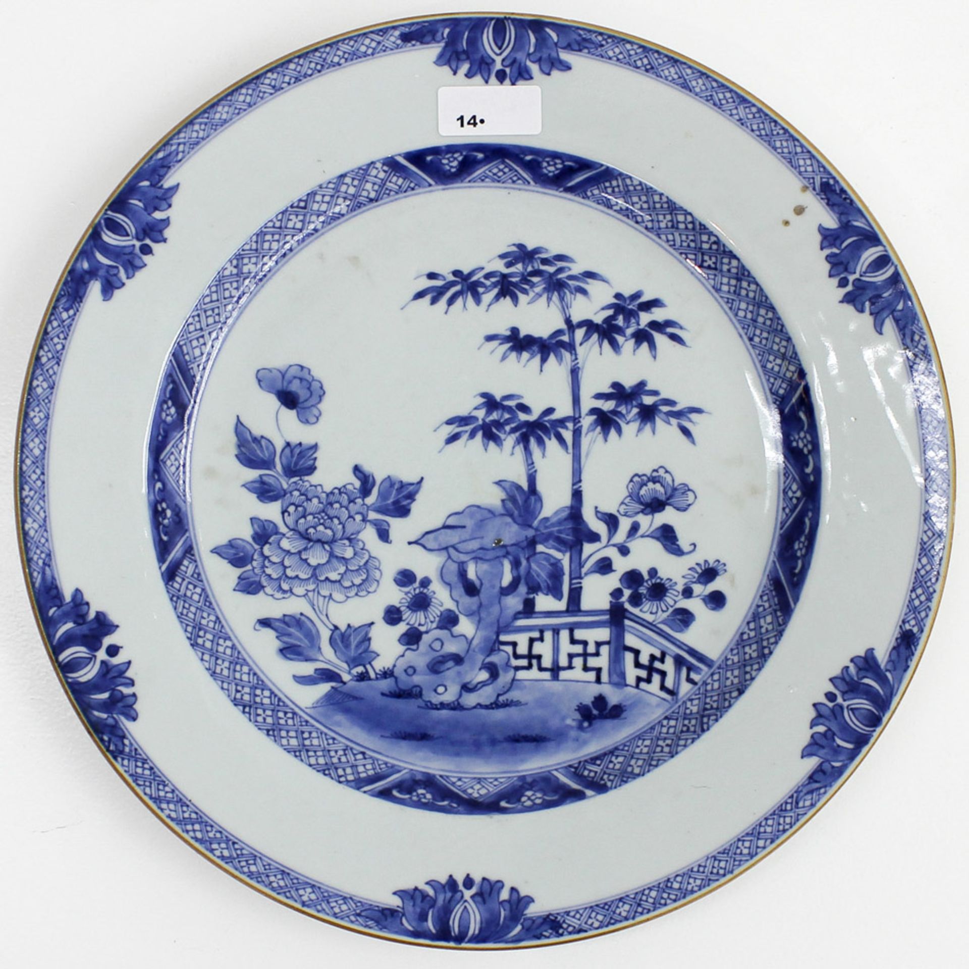 18th Century China Porcelain Plate Blue and white garden decor with florals, small hairline to