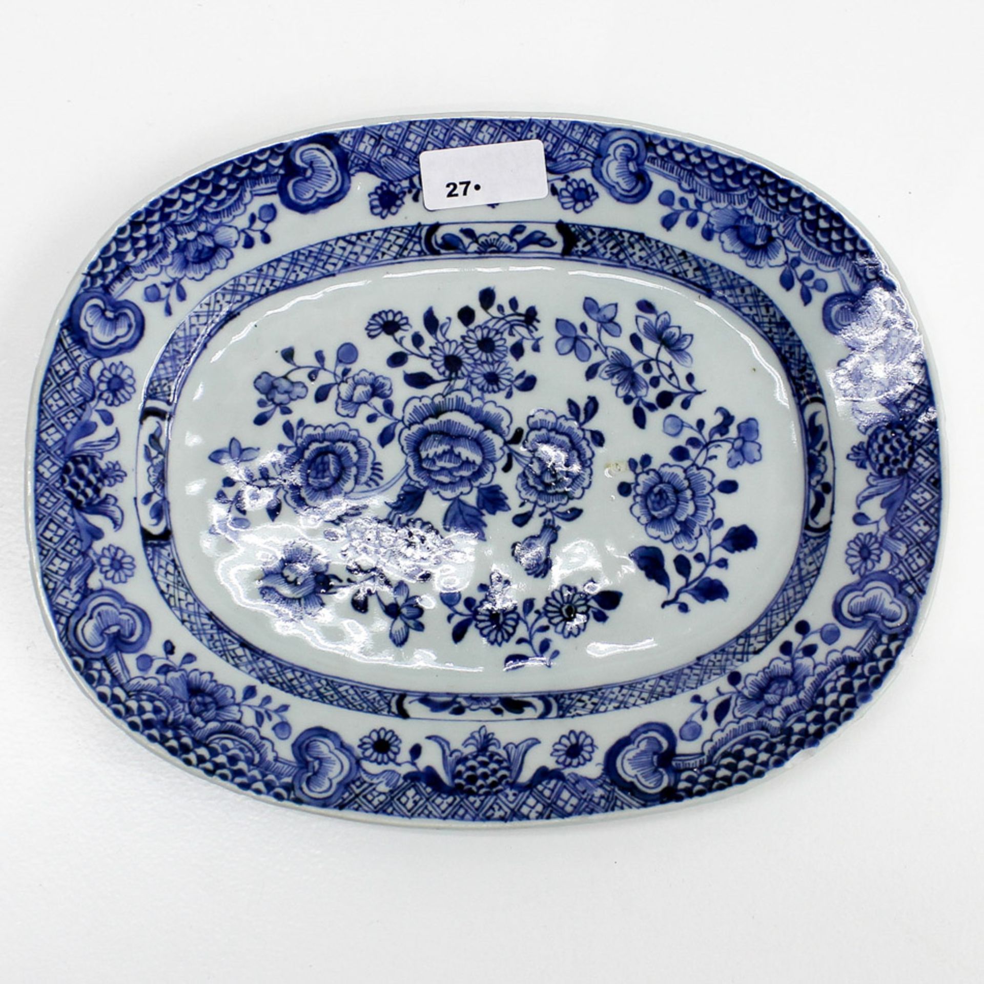 China Porcelain Small Platter Circa 1800 Blue and White Floral Décor. Flaking of glaze on edge.