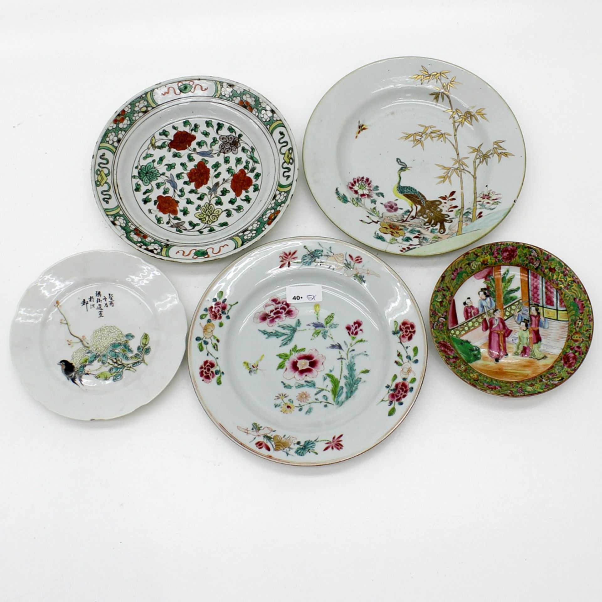 Lot of 5 China Porcelain Plates Including Family Rose decor, in diverse conditions, largest plate