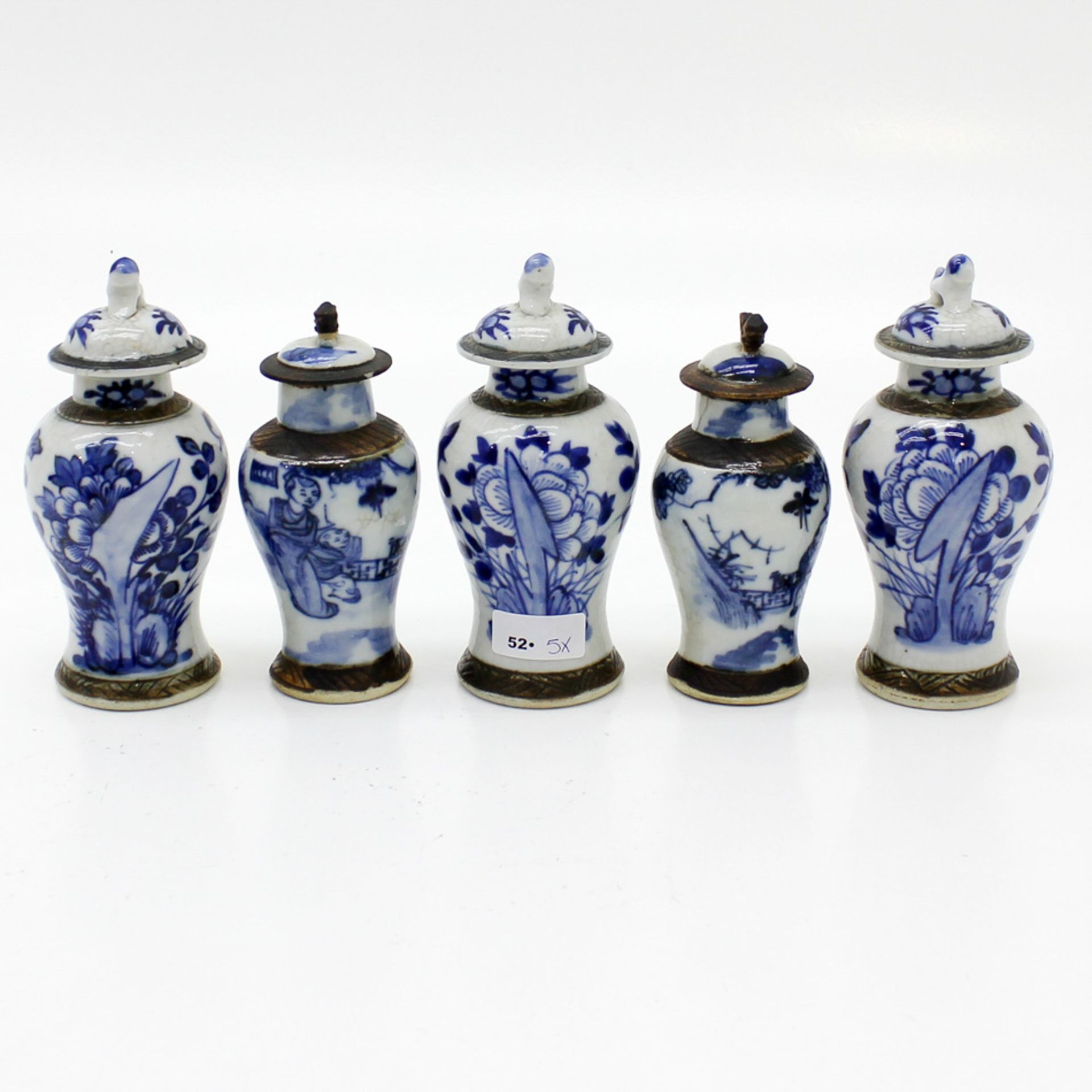 5 Piece China Porcelain Garniture Set Circa 1920 Blue and white decor, 16 cm tall.