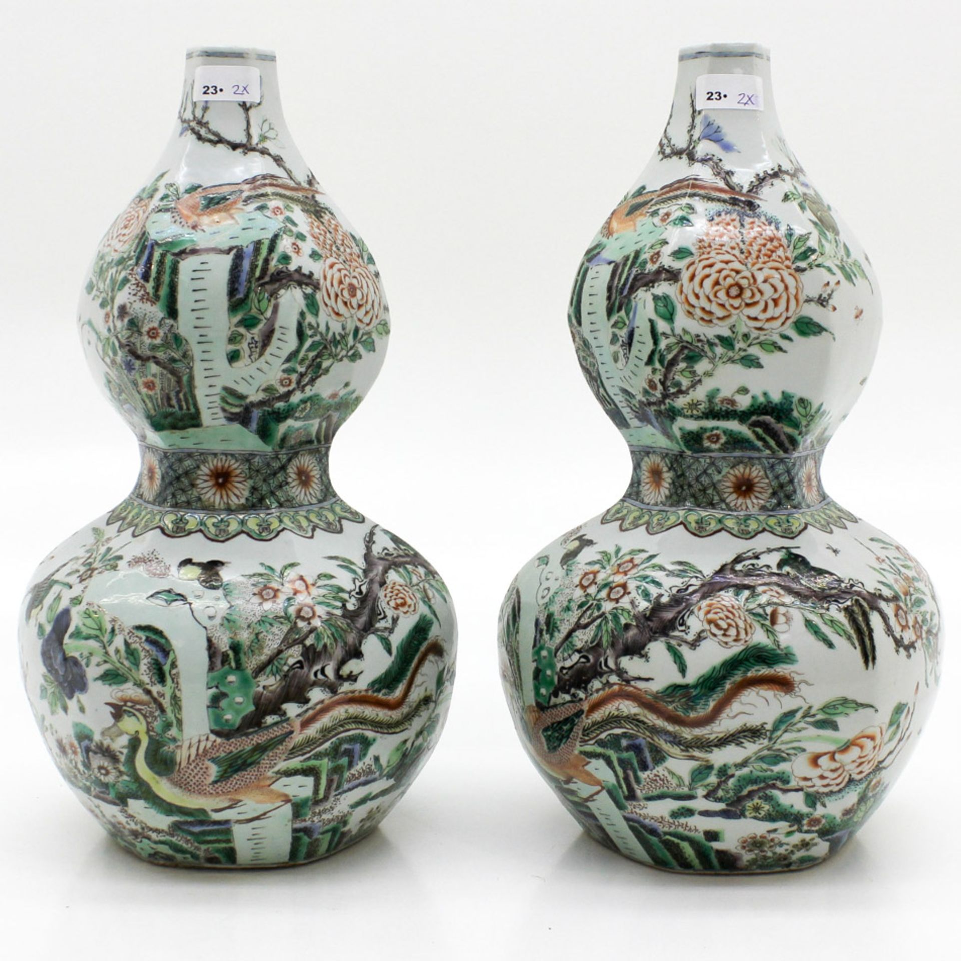 Pair of China Porcelain Double Gord Vases Family Verte Beautifully painted in fine details depicting