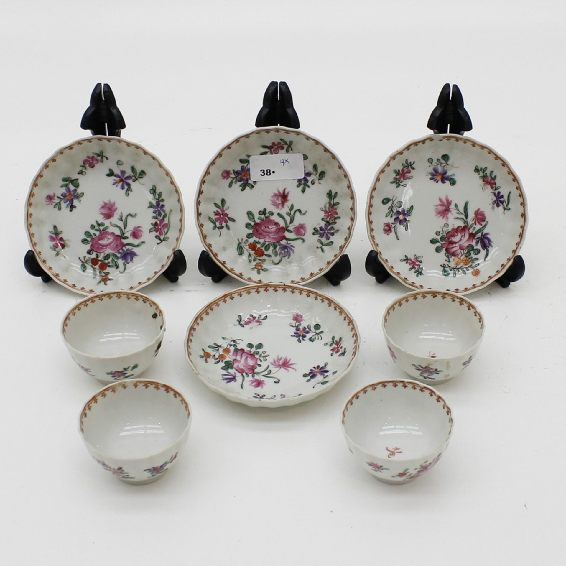 18th Century China Porcelain Family Rose Cups & Saucers Set of 4 cups and saucer sets, 1 saucer