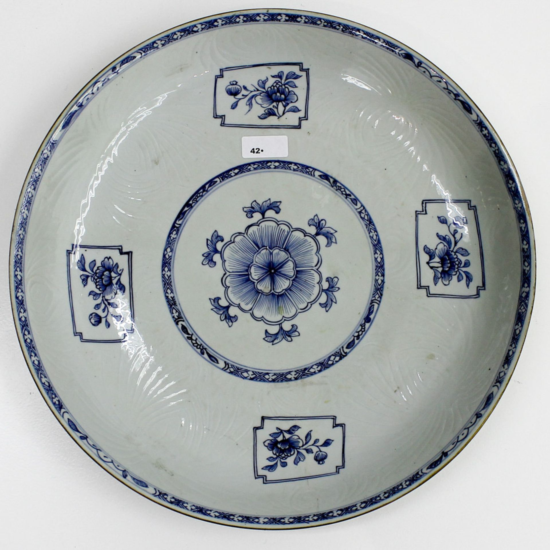 18th Century China Porcelain Plate Blue and white floral decor, 39 cm in diameter. Hairline