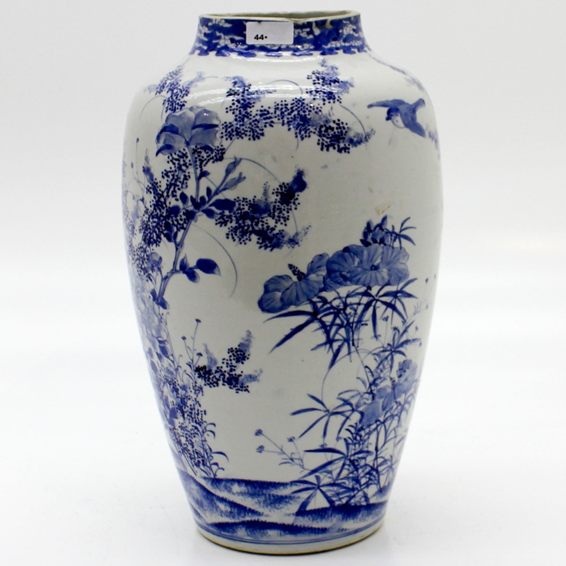 19th Century Asian Porcelain Vase Blue and white floral decor with birds, restoration to the neck,