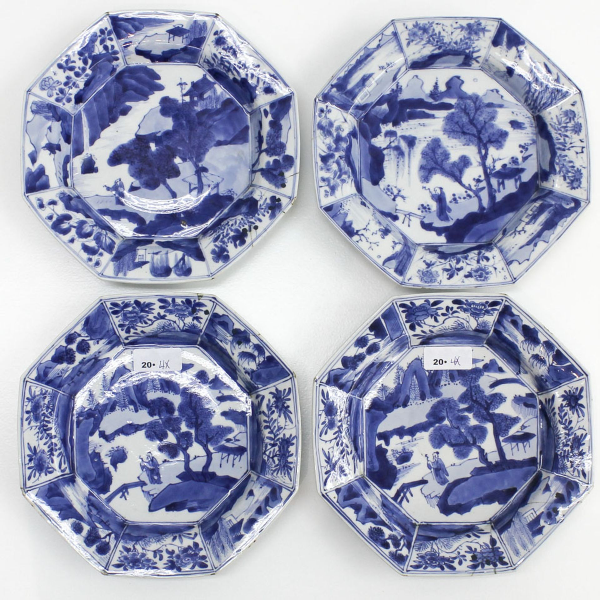 Lot of 4 18th Century China Porcelain Plates Blue and white decor marked with double ring on