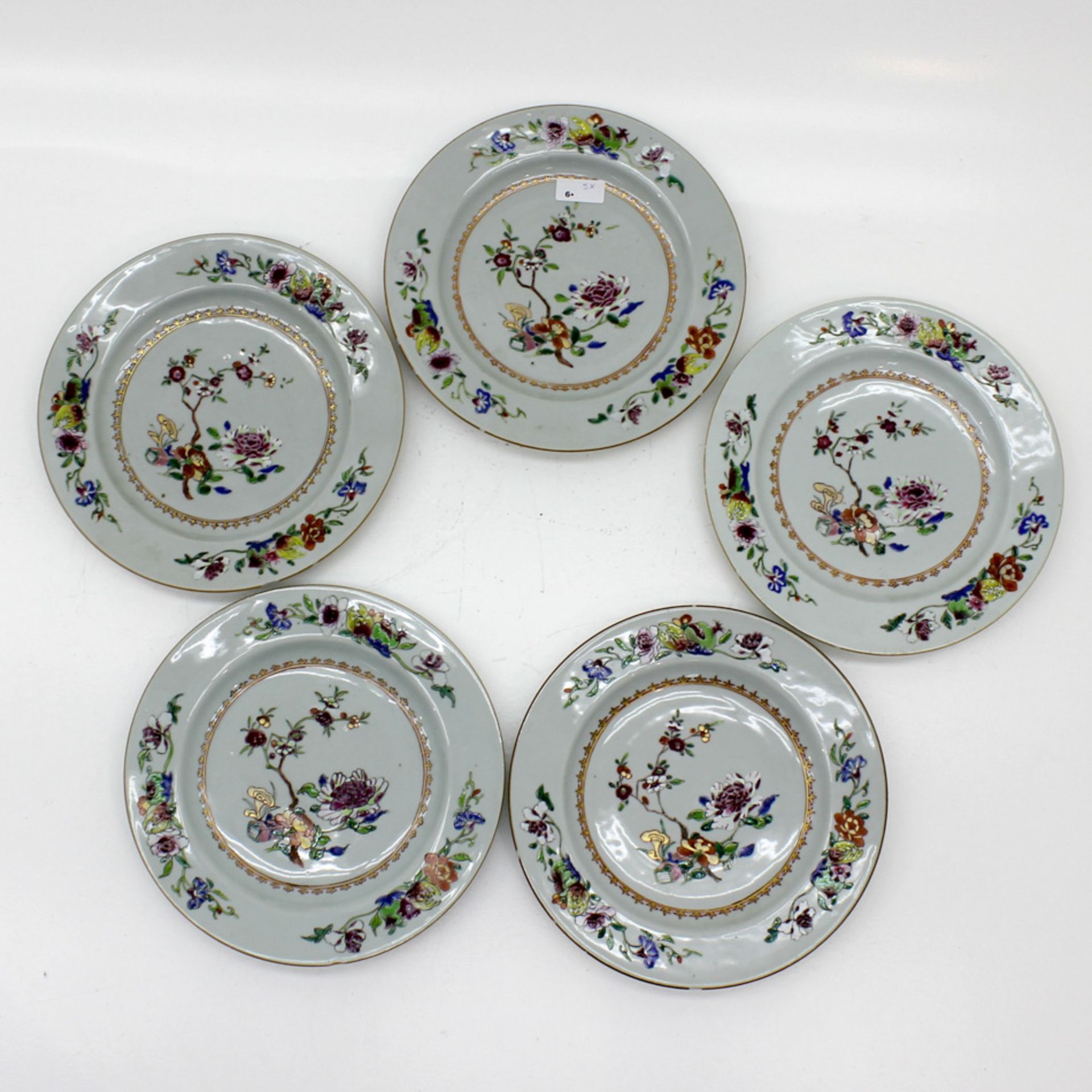 5 18th Century Family Rose China Porcelain Plates Beautifully detailed in fine floral decor