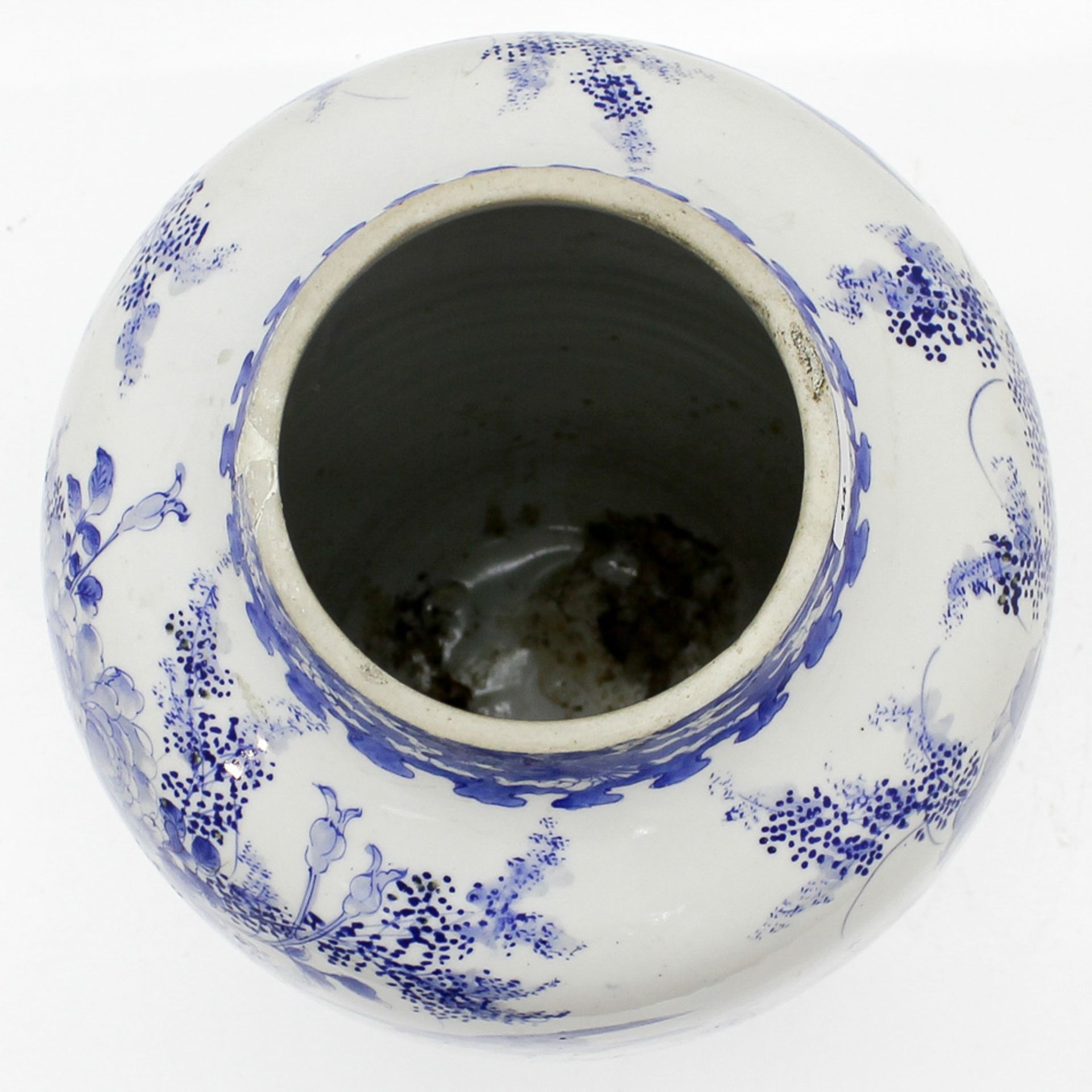 19th Century Asian Porcelain Vase Blue and white floral decor with birds, restoration to the neck, - Bild 5 aus 6